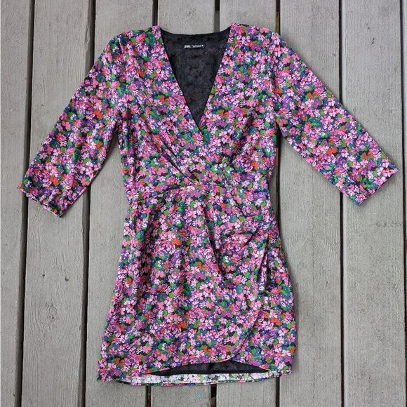 Zara Multicolor Ditsy Floral Satin V-Neck Long Sleeve Faux Wrap Mini Dress Sz‎ S - Picture 1 of 7